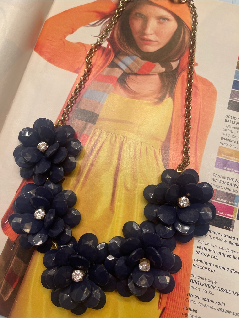 J. Crew Navy Floral Statement Necklace with Gold Chain